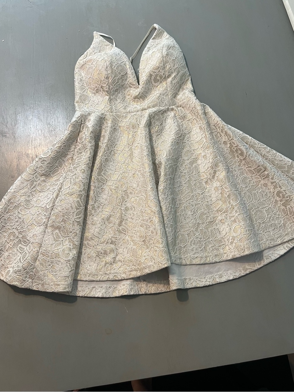 Windsor White & Metallic Gold Lace Fit & Flare Mini Dress Small